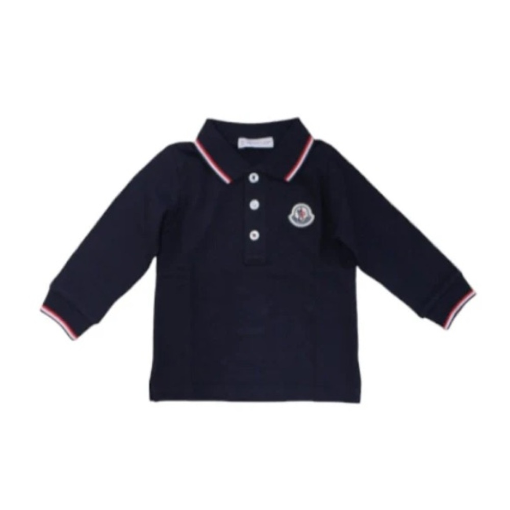 Moncler Navy Long Sleeve Polo with Red & White Trim Detail
